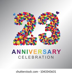 23rd anniversary design logotype paper hearts multi-color for celebration