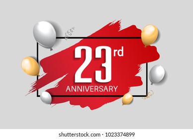 23rd anniversary design with red brush, balloons, and square isolated on white background for celebration
