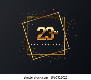 23rd anniversary logo with confetti and golden frame isolated on black background, vector design for greeting card and invitation card.
