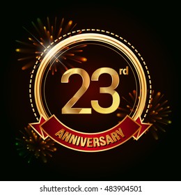 23rd anniversary logo golden colored using ring, red ribbon, and fireworks background