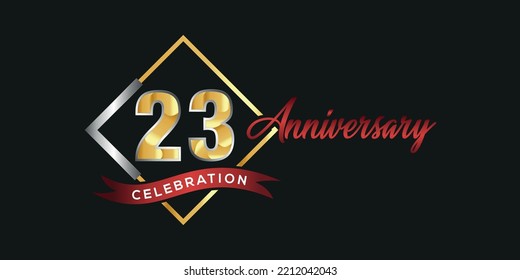 23rd anniversary logo with golden and silver box, confetti and red ribbon isolated on elegant black background, vector design for greeting card and invitation card
