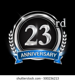 23rd anniversary logo with silver ring combination blue ribbon. Vector template for birthday celebration, party, wedding, invitation and greeting card