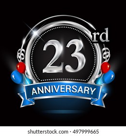 23rd anniversary logo with silver ring,balloons and blue ribbon. Vector design template elements for your birthday celebration.