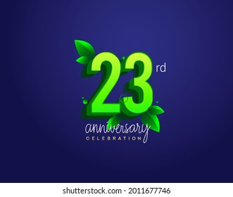 Blootipo del 23 aniversario con hoja y color verde, aislado en fondo azul.