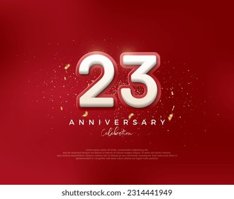 número 23 de aniversario. con números blancos 3d en un fondo rojo. Vector premium para afiches, banner, saludo de celebración.