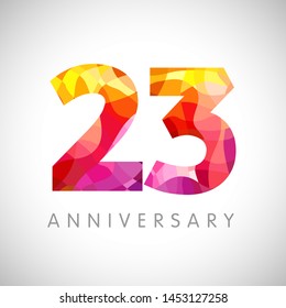 23rd anniversary numbers. 23 years old multicolored logotype. Age congrats, congratulation art idea. Isolated abstract graphic design template. Coloured digits. Up to 32 %, 23% percent off discount.