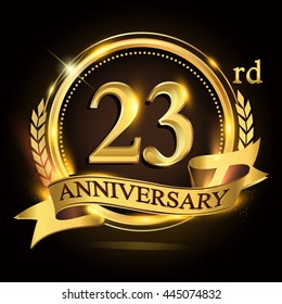 23rd golden anniversary logo with ring and ribbon, laurel wreath vector design.