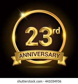 23rd golden anniversary logo, with shiny ring and ribbon, laurel wreath isolated on black background, vector design