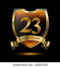 23rd logo with golden shield and ribbon. Vector illustration celebration template