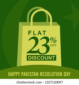 23rd March. Celebrating Pakistan Day Logo. 23% off. Flat Discount. Typographic emblems & badge with background, Vector illustration.