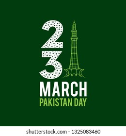 23rd March. Happy Pakistan Day or Pakistan Resolution Day. English Typography with Minar e Pakistan on Green Background - Vector Illustration 