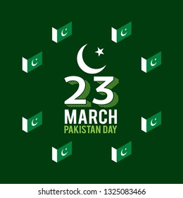 23rd March. Happy Pakistan Day or Pakistan Resolution Day. English Typography with Flags on Green Background - Vector Illustration 