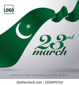 23rd of march Pakistan Day Celebration vector illustration - Green 3D perspective ribbon with modern typography. 
