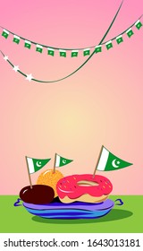 23rd March Pakistan Resolution 14th August Independence Day Banner. Poster with empty space for text. Artwork having Pakistani national decorations with colorful sweets, green flags and buntings