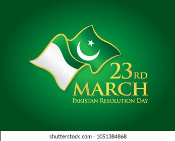 23rd March Pakistan Resolution Day, Typographic emblems and badge with green background, An inscription in English "Pakistan Resolution Day", Ribbon Flag, Vector illustration