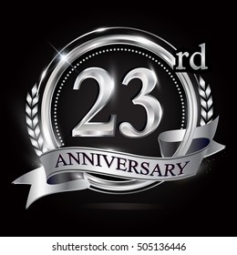 23rd silver anniversary logo with ring and ribbon. silver anniversary laurel wreath design.