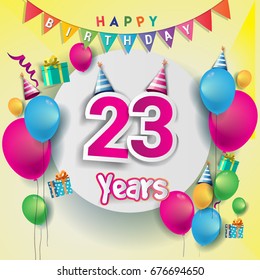 23rd years Anniversary Celebration, birthday card or greeting card design with gift box and balloons, Colorful vector elements for the celebration party of twenty three years anniversary.