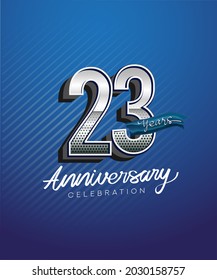 23rd years anniversary celebration logotype with silver color and blue ribbon isolated on blue background