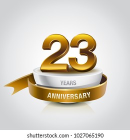 23rd years golden anniversary logo celebration with ring and ribbon.