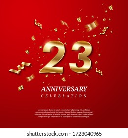 23th Anniversary celebration. Golden number 23 with sparkling confetti, stars, glitters and streamer ribbons on red background. Vector festive illustration. Birthday or wedding party event decoration