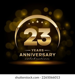 23th Anniversary Celebration. Logo design with golden ring and text for anniversary celebration event, invitation, wedding, greeting card, banner, poster, flyer, brochure. Logo Vector Template
