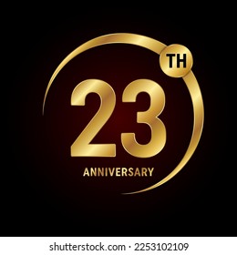 23° aniversario. Concepto de diseño del logo del aniversario con anillo de oro para celebración del aniversario, tarjeta de invitación, tarjeta de saludo, banner, afiche, volante, portada del libro. Plantilla de vectores de logotipos