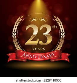 23° Aniversario. Diseño del logo del aniversario con corona Laurel y cinta roja para la celebración del evento, boda, invitación, tarjeta de saludo. Ilustración del vector