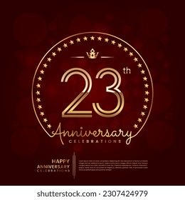 23th anniversary logo with double line number and golden text for birthday celebration event, invitation, banner poster, flyer, and greeting card, vector template