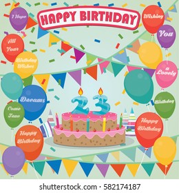 23th Birthday cake and decoration background in flat design with balloons and candles