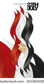23th of July Egypt Revolution Day banner poster and greeting card. Bold typography lettering message 23th of July. Egypt abstract flag ribbon background