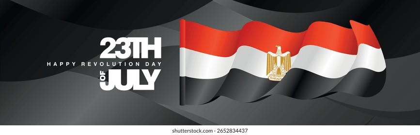 23th of July Egypt Revolution Day banner with wavy Egypt flag on abstract black background