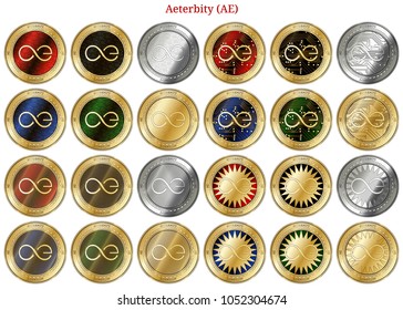 24 in 1 set of Aeternity (AE)  cryptocurrency  highly detailed golden and silver phisycal coins. Aeternity (AE) icon set. Vector illustration isolated on white background.