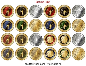 24 in 1 set of BioCoin (BIO)  cryptocurrency  highly detailed golden and silver phisycal coins. BioCoin (BIO) icon set. Vector illustration isolated on white background.