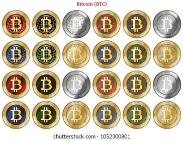 24 in 1 set of Bitcoin (BTC)  cryptocurrency  highly detailed golden and silver phisycal coins. Bitcoin (BTC) icon set. Vector illustration isolated on white background.