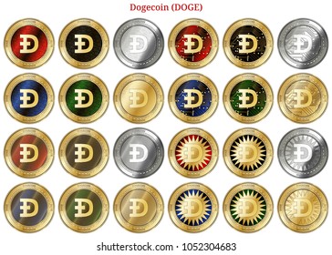 24 in 1 set of Dogecoin (DOGE)  cryptocurrency  highly detailed golden and silver phisycal coins. Dogecoin (DOGE) icon set. Vector illustration isolated on white background.