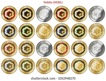 24 in 1 set of Neblio (NEBL)  cryptocurrency  highly detailed golden and silver phisycal coins. Neblio (NEBL) icon set. Vector illustration isolated on white background.