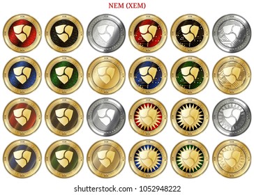 24 in 1 set of NEM (XEM)  cryptocurrency  highly detailed golden and silver phisycal coins. NEM (XEM) icon set. Vector illustration isolated on white background.