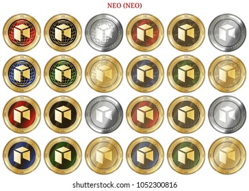 24 in 1 set of NEO (NEO)  cryptocurrency  highly detailed golden and silver phisycal coins. NEO (NEO) icon set. Vector illustration isolated on white background.