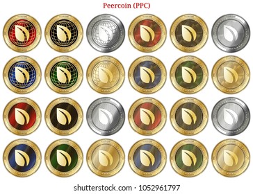 24 in 1 set of Peercoin (PPC)  cryptocurrency  highly detailed golden and silver phisycal coins. Peercoin (PPC) icon set. Vector illustration isolated on white background.