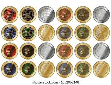 24 in 1 set of Quantum 1 Net (Q1S)  cryptocurrency  highly detailed golden and silver phisycal coins. Quantum 1 Net (Q1S) icon set. Vector illustration isolated on white background.