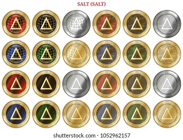 24 in 1 set of SALT (SALT)  cryptocurrency  highly detailed golden and silver phisycal coins. SALT (SALT) icon set. Vector illustration isolated on white background.