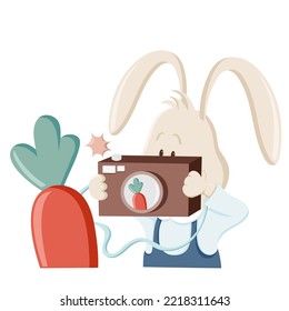 24 - 25 Cute bunny makes photo of carrot with old fashioned camera.  Christmas, New Year and Easter coloured vector illustration. Collection of rabbits in cartoon style. Humour
