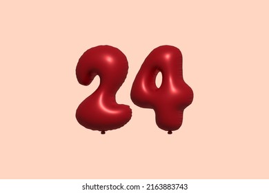 24 globo 3d número hecho de renderización 3d de globo metálico realista. Globos 3D de helio rojo para la venta decoración Fiesta Cumpleaños, Celebración de Aniversario, Fiesta de la Boda. Ilustración del vector