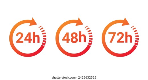 24, 48 und 72 Stunden mit Pfeil-Schleifen-Symbol. 24, 48, 72 Stunden zyklisches Vorzeichen. Auftragsausführung oder Lieferzeichen Vektor-Illustration