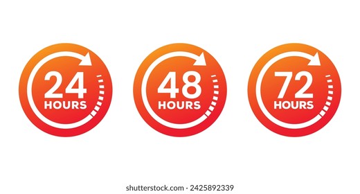 24, 48, and 72 hours clock arrow. Vector work time effect or delivery service time icons