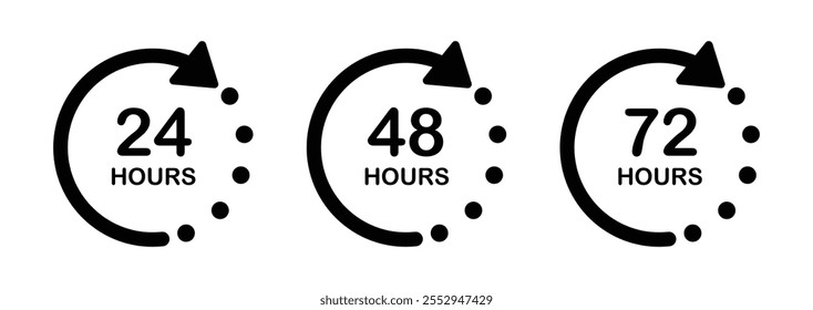 24, 48 and 72 hours clock icon for working time and delivery time vector illustration on white background. execution time. shipping time. opening.