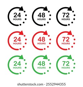 24, 48 and 72 hours icon set for working time and delivery service time vector illustration on white background. Deodorant work time effect. Vector delivery service time. 