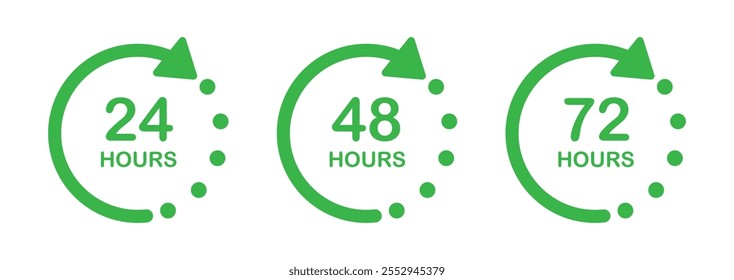 24, 48 and 72 hours icon set for working time and delivery service time vector illustration on white background. Deodorant work time effect. Vector delivery service time. 