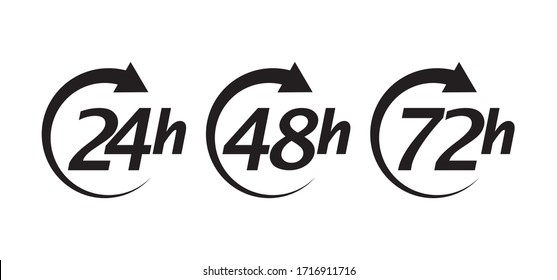 24, 48, 72 horas de trabajo o horario de servicio de entrega. Conjunto de iconos negros flechas de reloj. Ilustración del vector