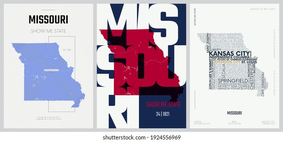 24 of 50 sets, US State Posters with name and Information in 3 Design Styles, Detailed vector art print Missouri map